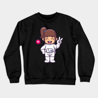 Cute Girl Astronaut With Peace Hand Cartoon Crewneck Sweatshirt